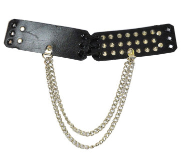 Fetish Leather Upper Arm Band with Metal Cones and Chain